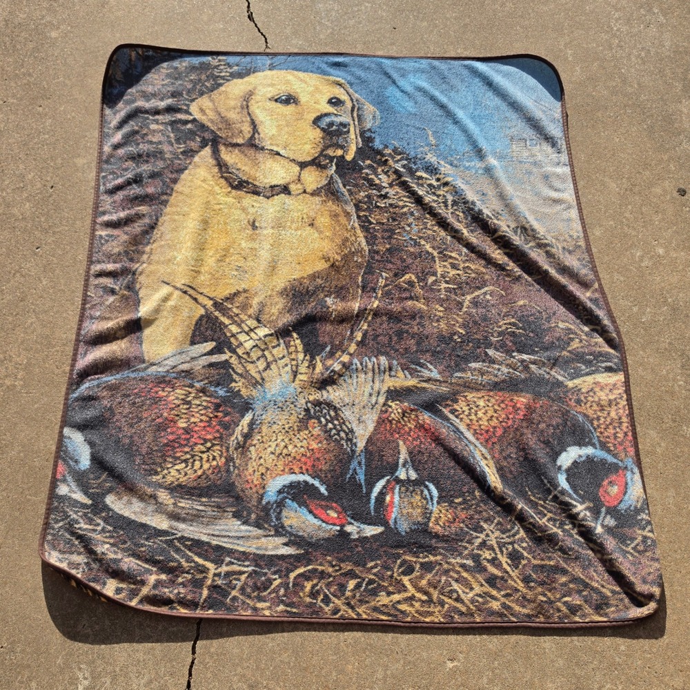 Vintage Yellow Lab Hunting Dog Pheasant Fleece Throw Blanket Cabin Decor 56x46